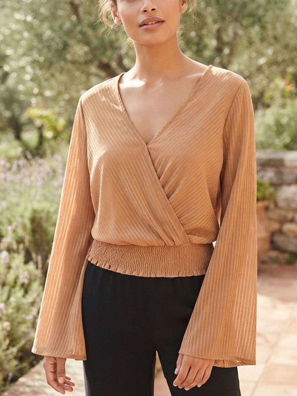 Camel Brown Long Sleeve Deep V Neck Faux Wrap Top Size Large